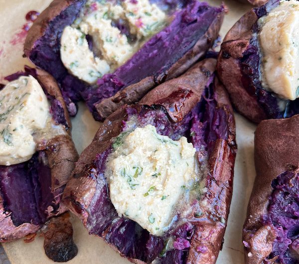 Baked Sweet Potatoes with Nourishing Plant-Based Miso Basil Butter