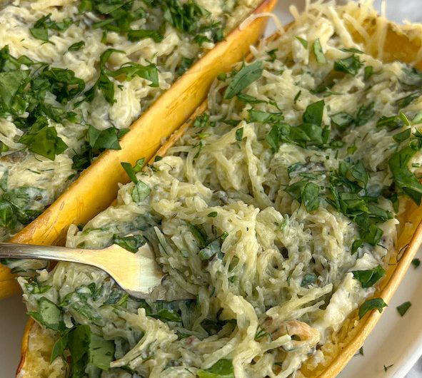 Plant-Based Spanakopita Baked Spaghetti Squash