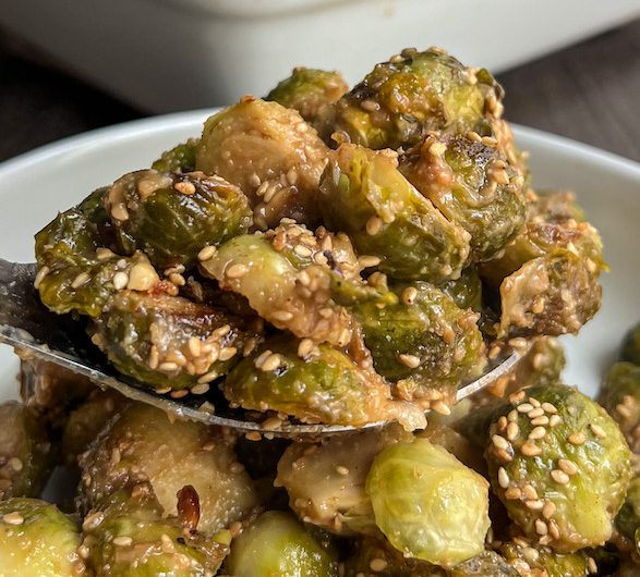 Sticky Peanut Miso Maple Glazed Brussels Sprouts (Oil-Free!)