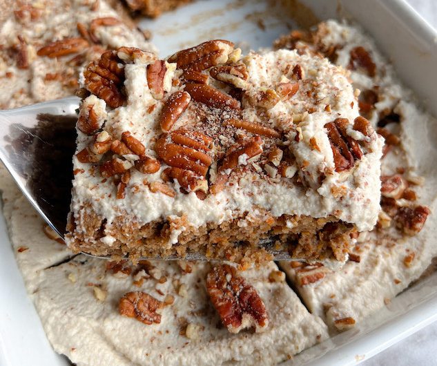 Healthy Pecan Carrot Cake Baked Oats with Cashew Frosting