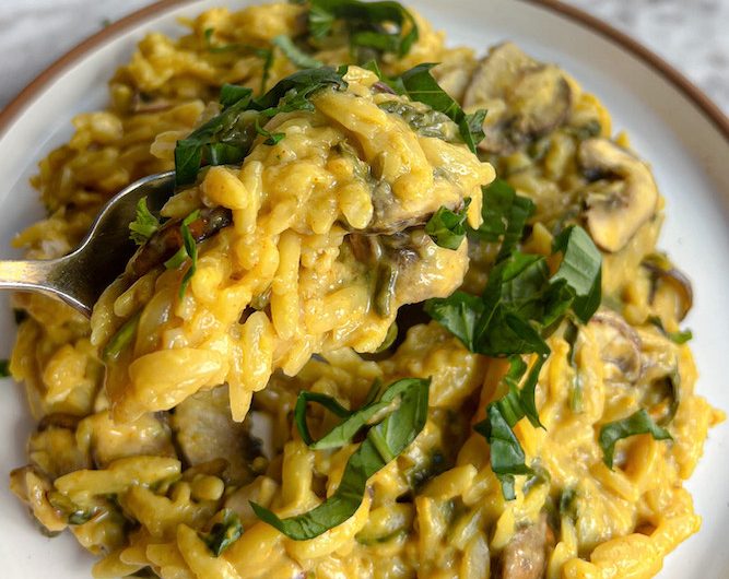 Nourishing Spinach and Mushroom Curry Orzo Bake