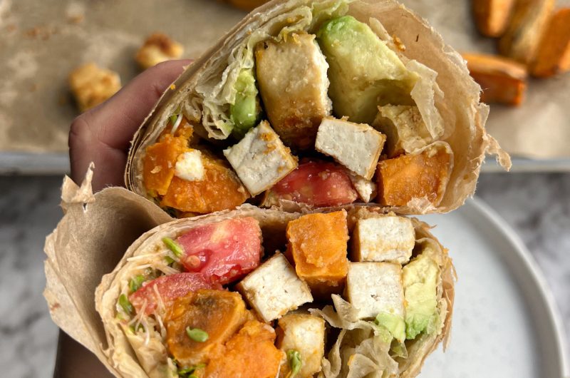 No-Reheat Sweet Potato and Tofu Wraps with Spicy Brown Mustard Hummus