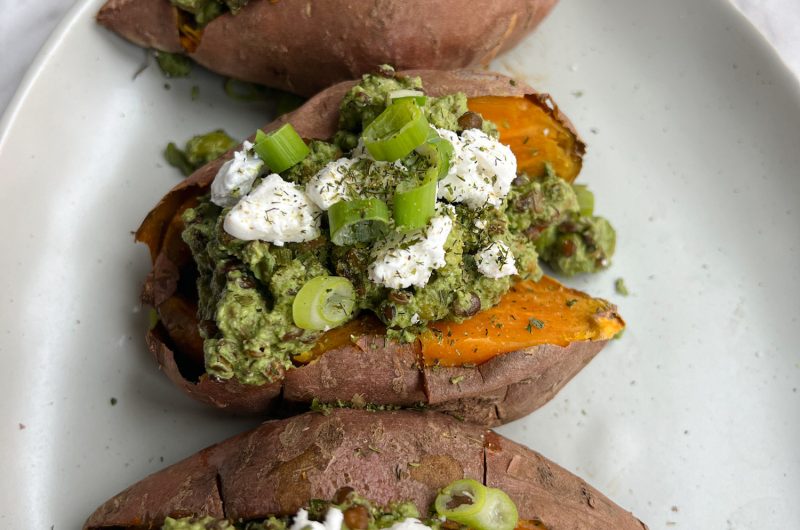 Protein-Packed Roasted Sweet Potatoes With Lentil, Chickpea & Edamame Salad