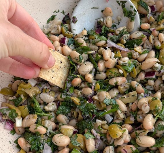 Healthy Herby White Bean and Olive Salad Dip (Perfect With Chips!)