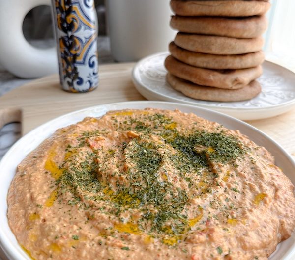 Homemade Whole Wheat Pita With Creamy Roasted Red Pepper Hummus
