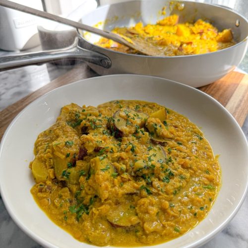 Cozy Lemony Lentil & Japanese Sweet Potato Stew - Upbeet & Kaleing It