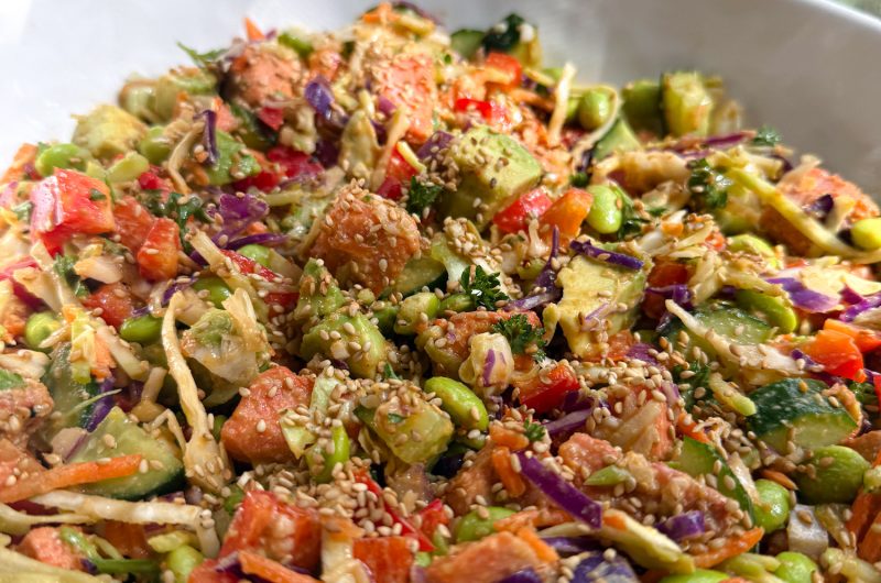 High Protein Peanut Salmon Salad With Hot Honey Dressing