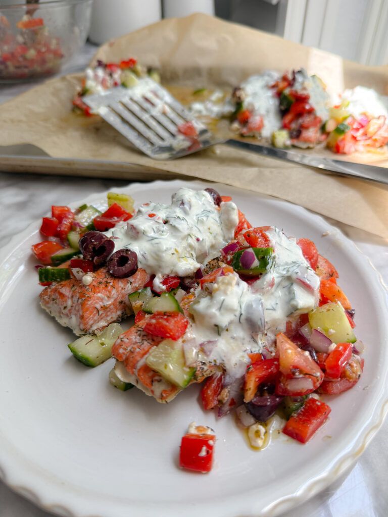 Greek Salmon with Horiatiki Salad and Creamy Tzatziki